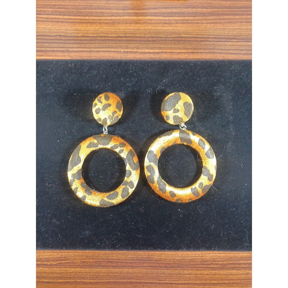 Leopard Print Big Hoop Dangle Drop Clip On Earrings Statement Animal Fun Fuzzy